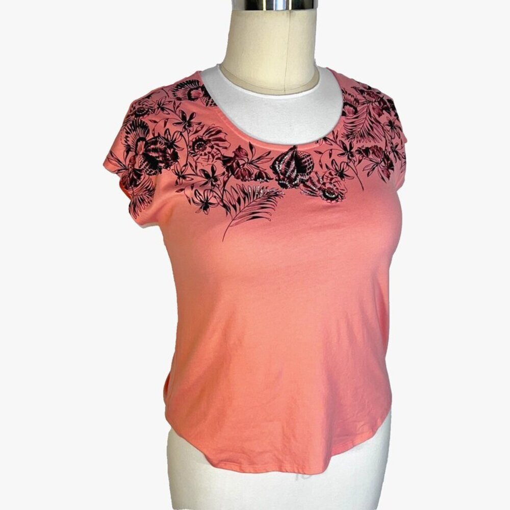 Coral Bay Blouse Womens L Peach Floral Seashell Silver Beaded Neck Short Sleeve - Picture 2 of 14